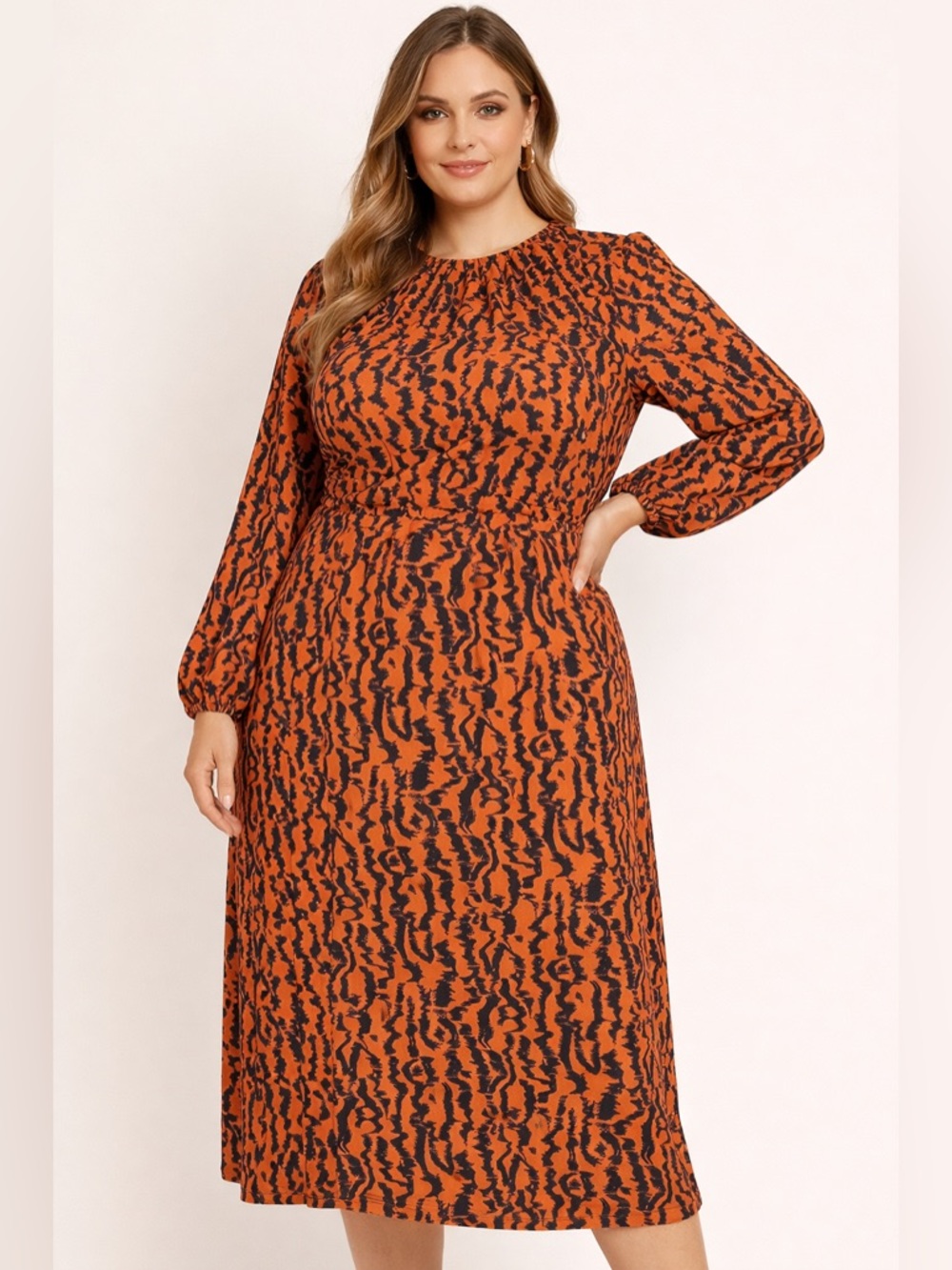 Elizabeth James Midi Dress Orange Black Animal Print Long Sleeve Tie Waist XXL